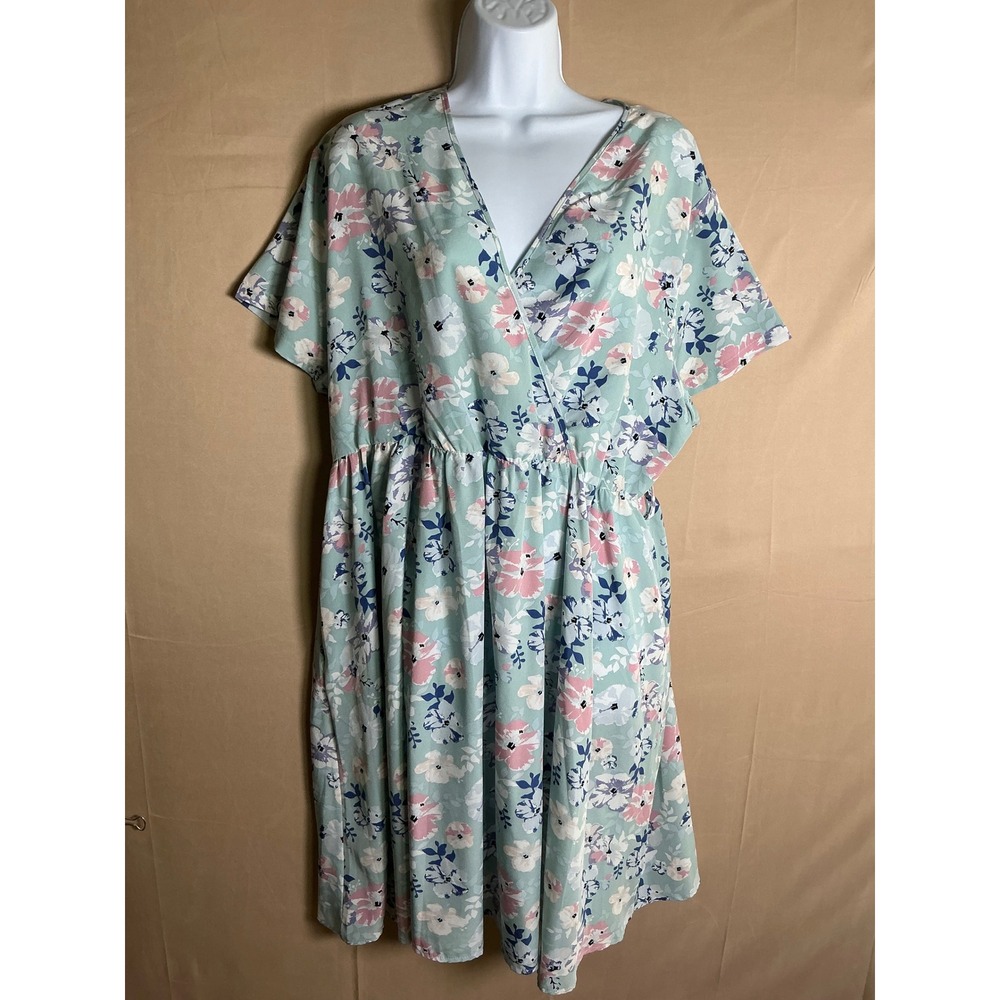Nemidor Mint Green Floral Wrap Faux Surplice Dress Pockets Womens Size 14 US